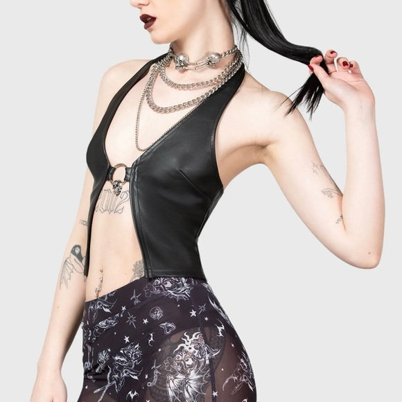 Killstar Tops - Black Leather Halter Top